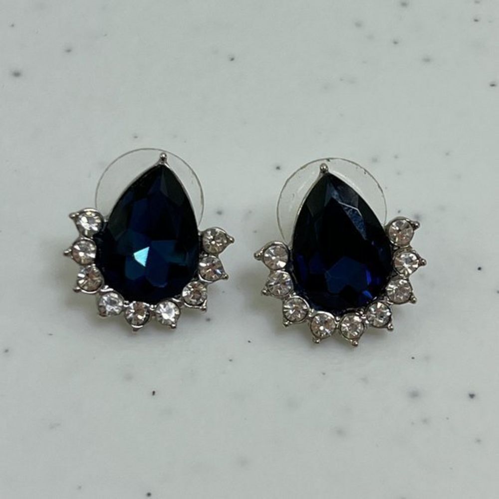 Rhinestone Earrings Teardrop Blue Stud‎ Big Statement Silver Tone
